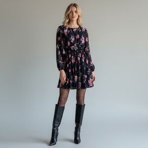 Leith Black Floral Pleated Dress – Size XS